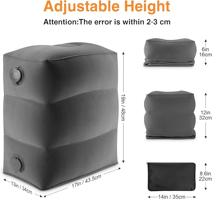 Maliton Inflatable Foot Rest Pillow for Travel,Kids Airplane Bed,Adjustable 3 Layers Height Leg Pillow of Air Travel Essentials,Car, Office, Home - Fast Inflation (Dark Grey)