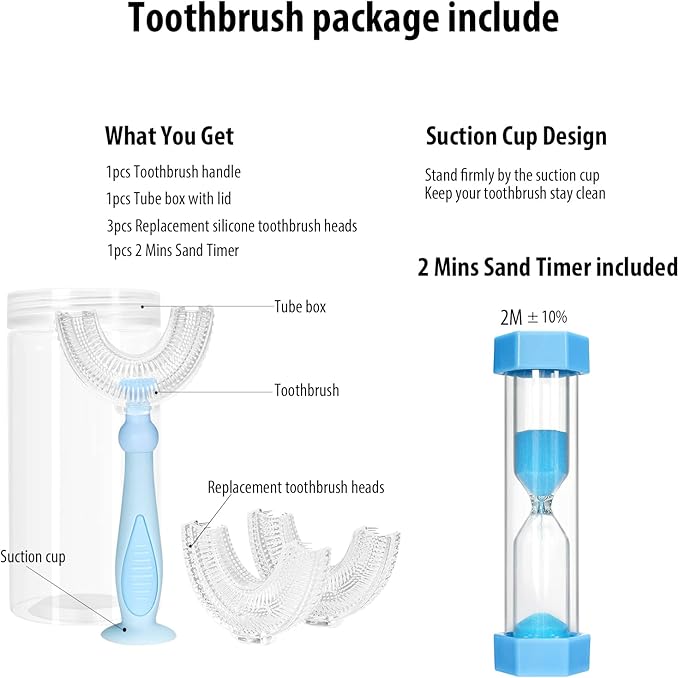 Kids U Shaped Toothbrush with 2 Minutes Sand Timer,Toddler Toothbrush for Childrens Whole Mouth Kid Toothbrushes (2-6 Year, Blue)