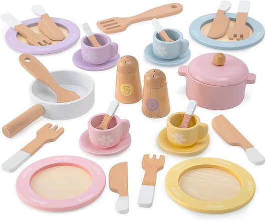 30 PCS Wooden Toy Plates and Dishes for Kids, Play Kitchen Accessories Set, Pretend Play Food Sets for Children Kitchen, Montessori Toys for Girls and Boys
