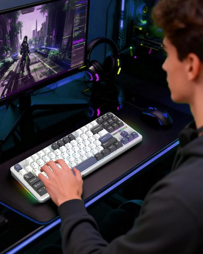 Aula F87 Pro Gaming Keyboard, Tri-Mode BT5.0/2.4GHz/USB-C Hot-Swappable RGB Wireless Mechanical Keyboard, Gasket Mount, 4000mAh, for Windows/Mac Gamer & Typists（LEOBOG Gray Wood Switch V4）