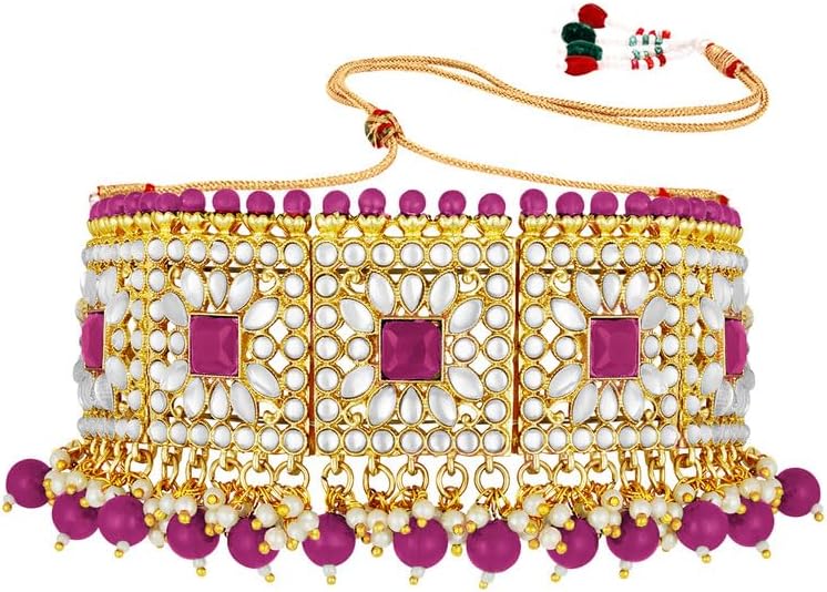Aheli Bridal Kundan Faux Pearl Choker Necklace with Earrings Maang Tikka Gift for Women Indian Traditional Bollywood Fashion Jewelry Set