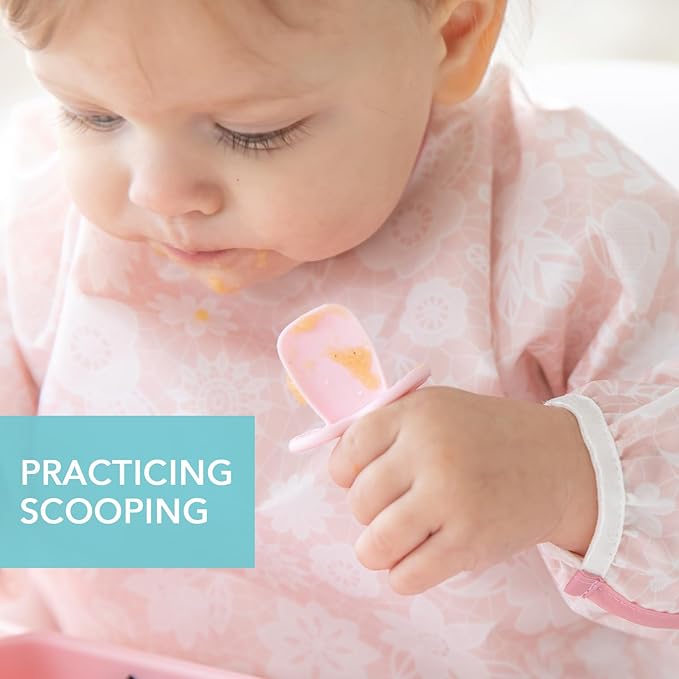 Bumkins Baby Utensils Set, Chewtensils Silicone Spoons for Dipping, Self-Feeding, Baby Led Weaning, Trainer Learning, First Stage Eating, Soft Practice Fork and Spoon, Babies 6 Months, Pink