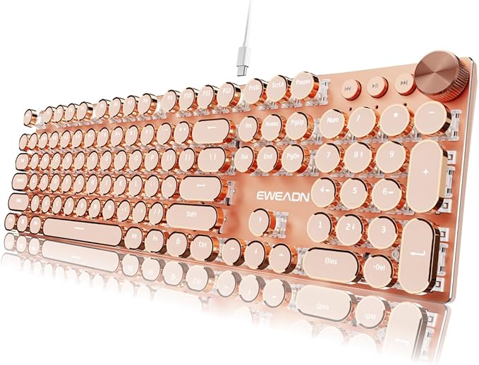 EWEADN Typewriter Style Mechanical Keyboard, Wired Typewriter Keyboard,104 Keys Retro Typewriter Keyboards, Media Control Knob, Wired Computer Keyboard Pink Switch for Windows/Mac/PC-Pink