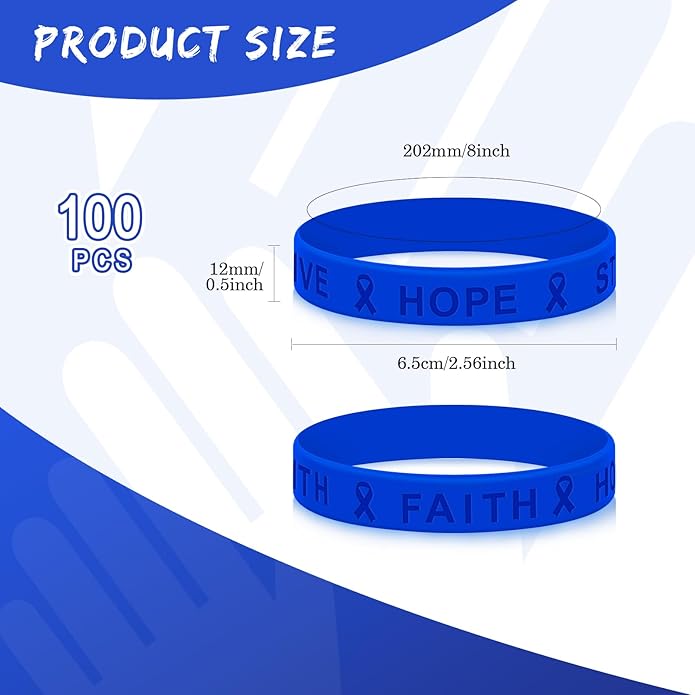 Bucherry Child Abuse Awareness Colon Cancer Bracelets Bulk Blue Ribbon Awareness Bracelets Rubber Wristband Embossed Silicone Bracelet for Public Party Favors Girls Boys Child