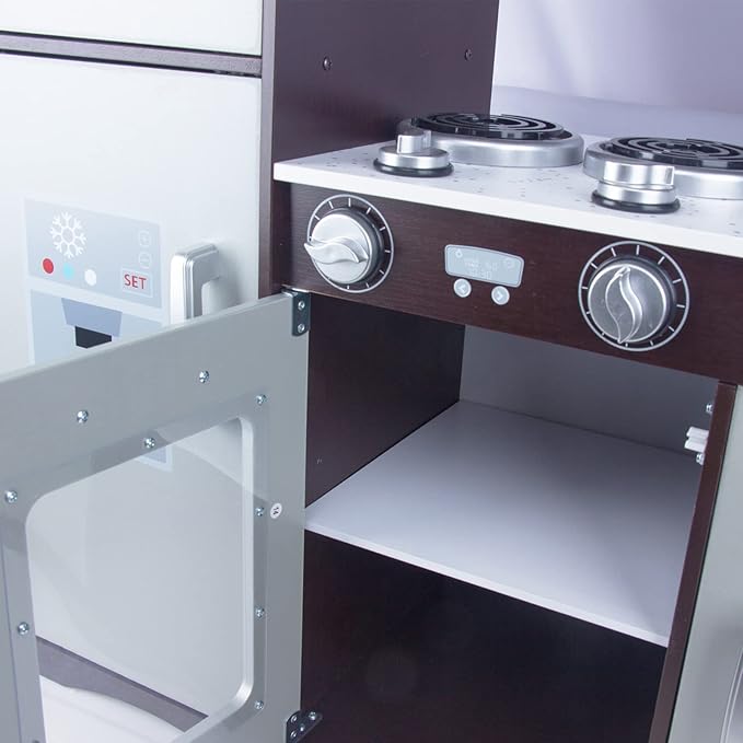 Kitchen Playset for Kids Ages 3-8, Wooden Pretend Play Kitchen with Realistic Sounds, Including Telephone, Ice Maker, Refrigerator, Dimensions: 35” H x 31” W x 12” D (Black)