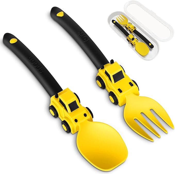 Construction Toddler Utensils - Toddler Forks and Spoons - Kids Spoon and Fork Set - Suitable for Kids Utensils - Baby Utensils, Portable Utensils Set for 1 2 3 4 5 year old Toddlers, Yellow