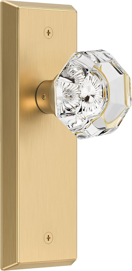 Glass Door Knobs for Interior Doors - Vintage Crystal Passage Closet & Hallway Door Knob - Diamond Cut Door Handle - Satin Brass Finish (1 Pack)