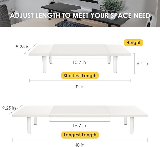 Across-Star Dual-Monitor-Stand-Riser-For-Desk Adjustable Length 32-40 Inch，Large Desktop Computer Monitor Riser For 2 Screens，Desk Shelf Organizer Riser Stand For Computer/Laptop/PC/Printer/TV White