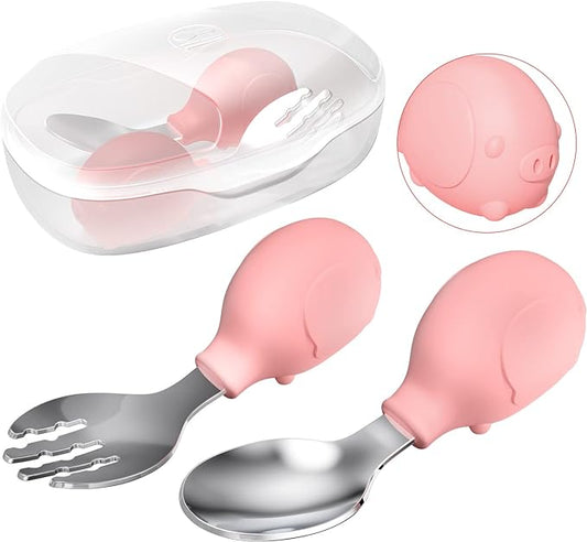 Deejoy Toddler Utensils, Toddler Spoons and Forks, Stainless Steel Spoon Toddler Silverware Set, Kids Silverware Self Feeding Flatware Set with Travel Safe Case for Kids (Pink)