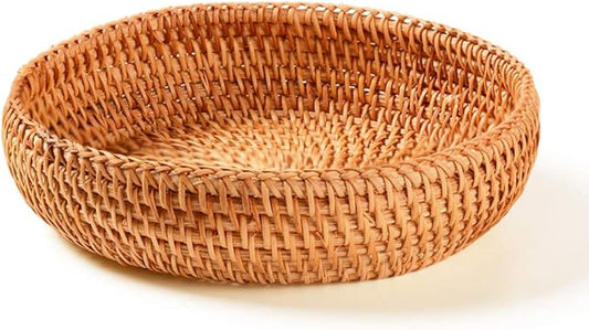 amololo Hadewoven Round Rattan Fruit Basket Wicker Food Tray Weaving Storage Holder Dinning Room Bowl, 7”Decorative Natural Basket Woven Fruit Basket Bowl for Entryway Table, Countertop (Small 7”)