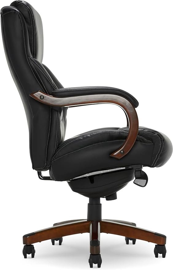 La-Z-Boy Delano Big & Tall Executive Office Chair, High Back Ergonomic Lumbar Support, Bonded Leather, Black with Mahogany Wood Finish