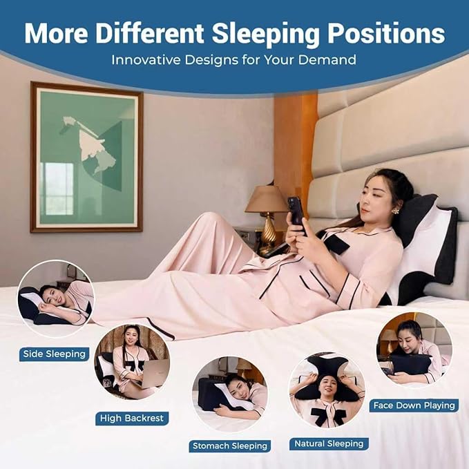 Ergonomic reading/cervical pillow suitable for lying flat, side, and prone positions; memory foam back support pillow to relieve shoulder, neck, chin, and arm pain; removable pillowcase (Black)