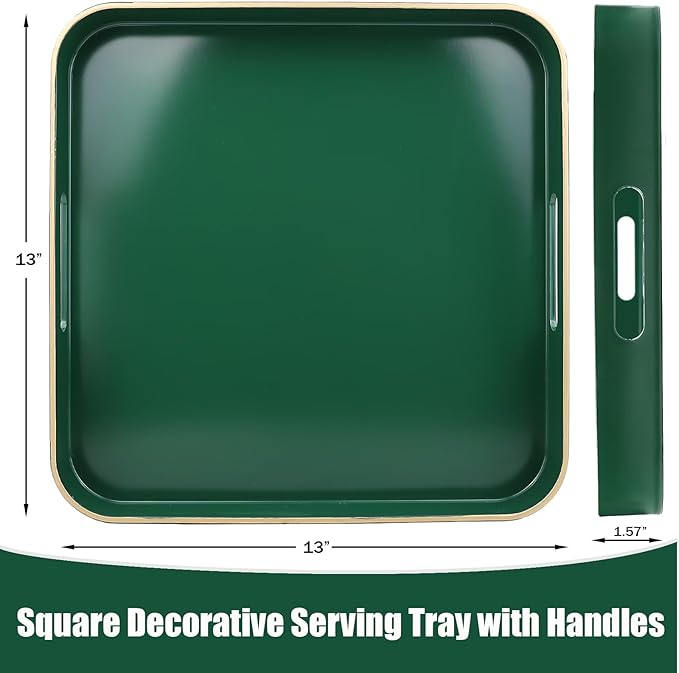 Omuriko Green Square Decorative Tray with Handles, 13"*13" Versatile Serving Tray for Coffee Table, Ottoman, Ideal for Serving, Displaying, Organizing