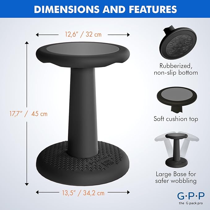 Gpack-pro Kids Wobble Stool – Improves Focus Attention – Non-Slip Base - Wiggle Chair Active Flexible Seating for Preschool Kindergarten Elementary School 17.7-Inch High (Black)