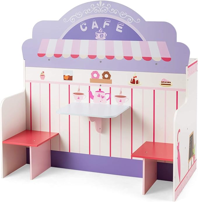 HONEY JOY Pink Kids Kitchen Playset, Double Side Little Chef Play Kitchen for Toddler & Cafe Shop, Cooking Utensil, Microwave, Storage Cabinet, Wooden Pretend Play Toy Kitchen Set, Gift for Boys Girls