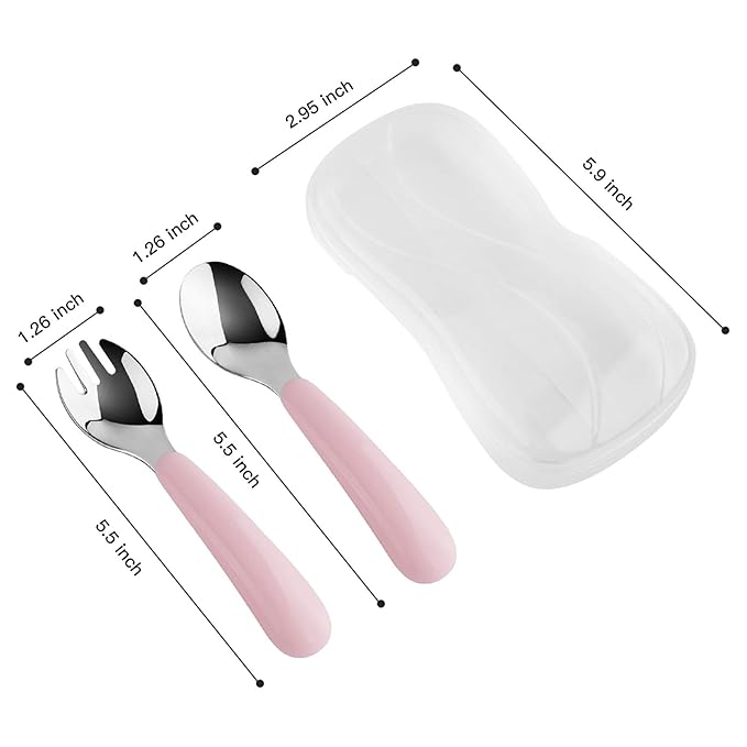 Kirecoo 2 Set Toddler Utensils, Toddler Forks and Spoons, Stainless Steel Toddler Silverware Set, Designed for Self Feeding Flatware Set with Travel Carrying Cases BPA Free (White & Pink)