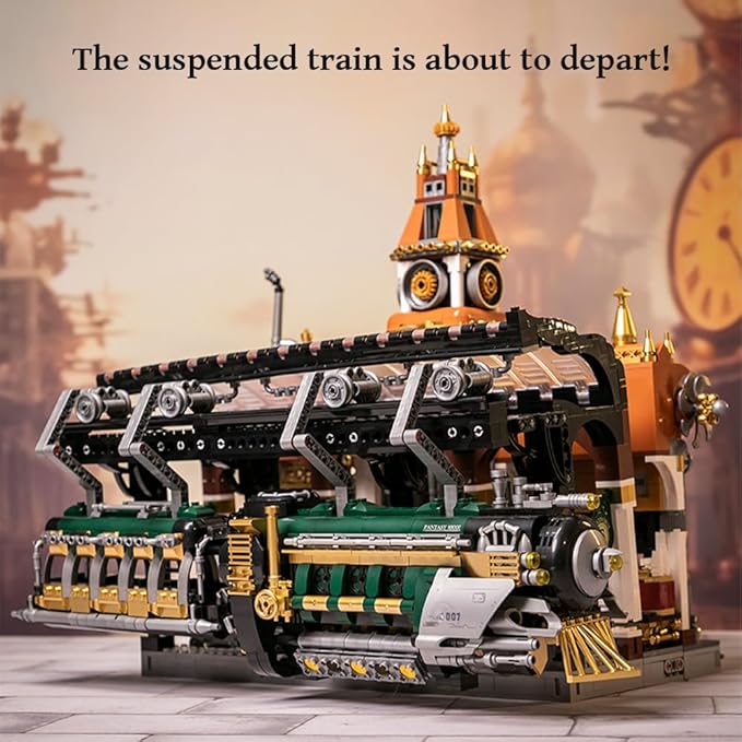 PANTASY Train Station Architecture Building Set, Steampunk Railway Station Building-Bricks Set, Features a Buildable Train, Tracks, Ticket Office Construction Building Toy Kit for Adults and Teen