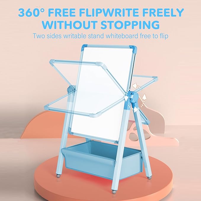 Art Easel for Kids, Double Sided Kids Easel Drawing Board, Whiteboard & Chalkboard for Kids, 360°Rotating Adjustable Kids Easel Art Set, Standing Erasable Easel Board, Easel for Classroom (Blue)