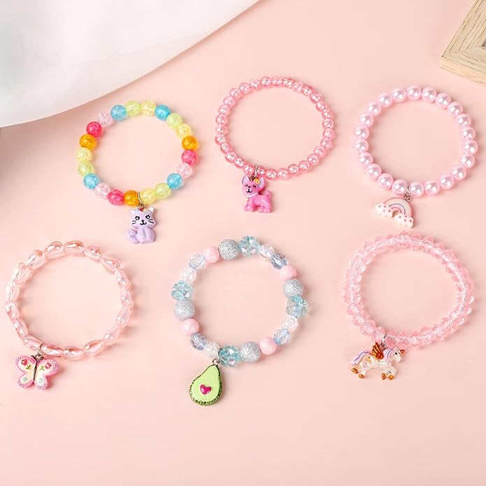 Colorful Unicorn Bracelet Girls Unicorn Bracelets Rainbow Avocado Unicorn Beaded Toddler Girls Butterfly Bracelet for Birthday Party Favors-6Pcs