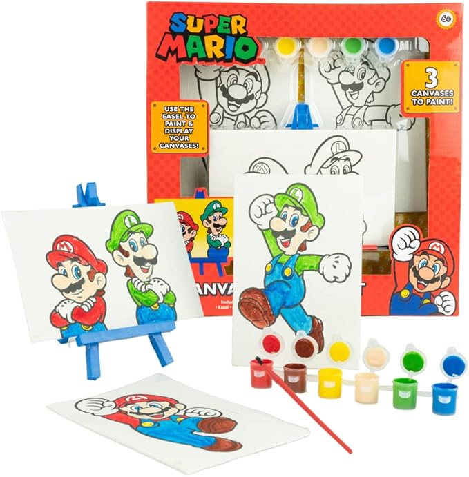 Innovative Designs Super Mario Canvas Paint Set for Kids with 3 Canvases, Acrylic Paint