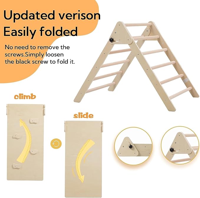 Giant bean Foldable Wooden Climbing Triangle with Sliding Ramp, 3 in 1 Pikler Triangle Climbing Toys for Toddlers, Kids Indoor Climbers & Gym Play Structures for Boys Girls