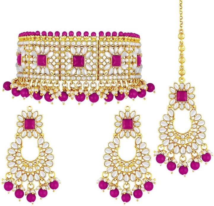 Aheli Bridal Kundan Faux Pearl Choker Necklace with Earrings Maang Tikka Gift for Women Indian Traditional Bollywood Fashion Jewelry Set