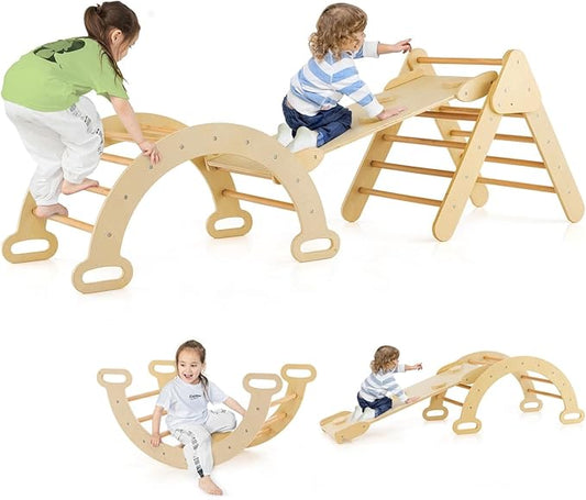 Costzon Climbing Toys for Toddlers, 5 in 1 Foldable Montessori Wooden Arch Climber Ladder with Sliding Ramp, Multi-Combination Methods, Kids Triangle Climber Play Gym Set for Boys Girls Present