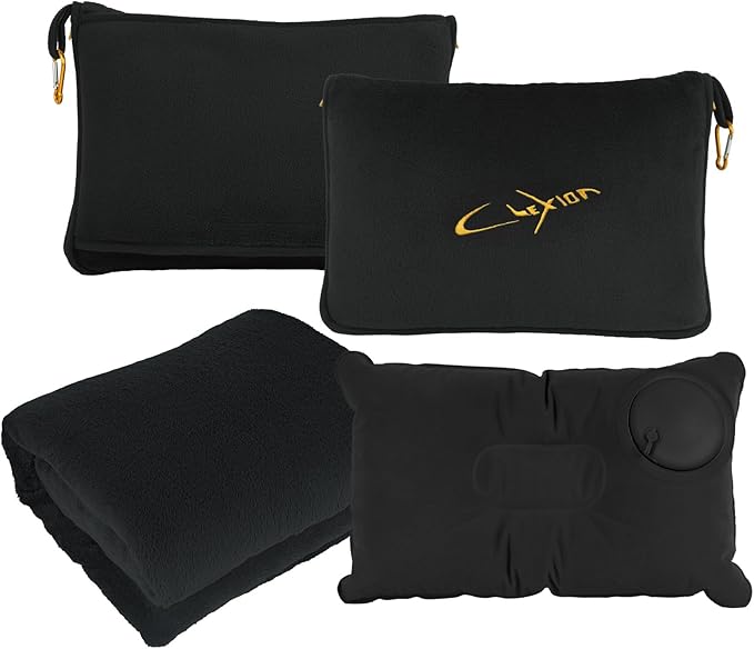 CLEXION Travel Blanket & Pillow Set, 300 GSM Soft Fleece, 60x43 Inches, 3-in-1 Airplane Blanket, Travel Pillow and Blanket Set, Travel Blanket Airplane Compact with Bag, Travel Essentials, Black