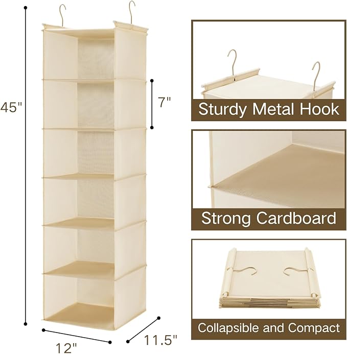 MAX Houser 6 Tier Shelf Hanging Closet Organizer, Cloth Hanging Shelf with 2 Sturdy Hooks for Storage, Foldable (Beige)