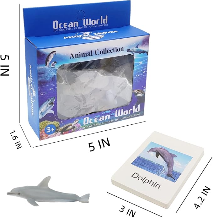 Small Montessori Animal Figures with Flash Cards, Realistic Animal Figurines Toys, Montessori Materials Homeschool Preschool Science Educational Matching Game for Toddler Kids (Sea)