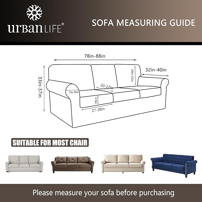 URBANLIFE Stretch Couch Cushion Covers Set of 3 – Replacement Individual Sofa Seat and Back Cushion Slipcovers with Full Elastic Hem, Soft Textured Fabric, Fits 27"x38", Machine Washable (Cream)