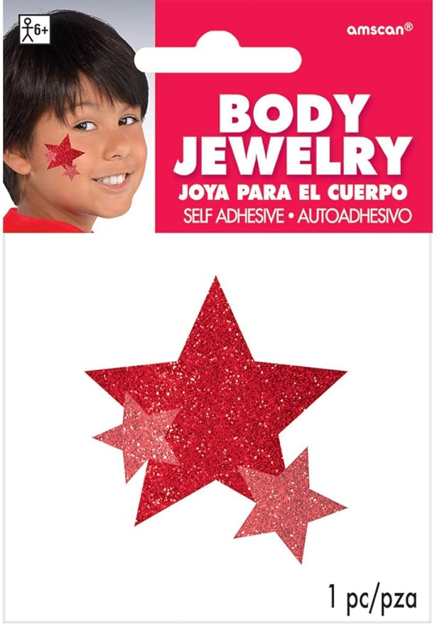 Amscan Stars Assorted Glitter Self-Adhesive Body Jewelry, 5" X 3 1/2" (pkg. size), Red