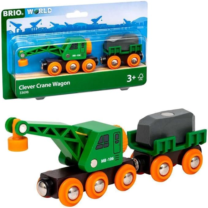 BRIO World 33698 - Clever Crane Wagon Set - 4 Piece Wooden Toy Train Set for Kids | Imaginative Play | Compatibility with Other Sets | FSC-Certified Wood