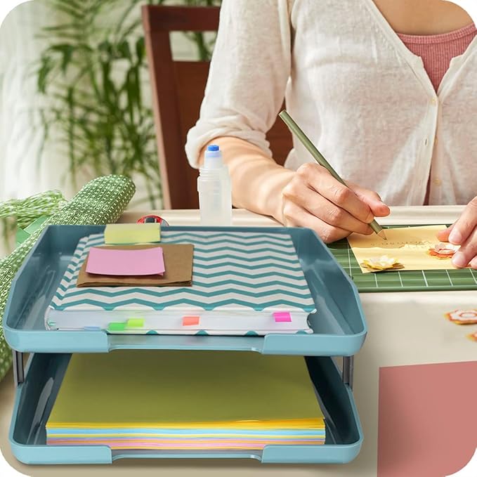 Acrimet Traditional 2 Tier Letter Tray, Front Load Design, A4 Letter Size, Desktop Organizer (Plastic) (Solid Green Color)