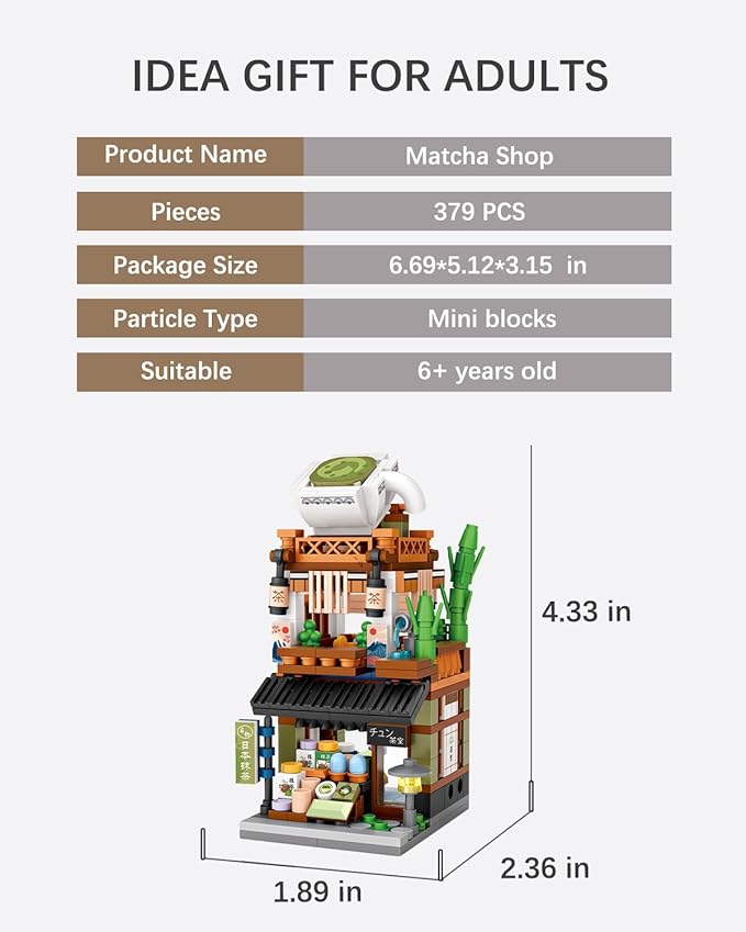 Japanese City Street View Matcha Shop, MOC Creative Building Blocks House Set, Simulation Architecture Construction Toy, Gifts Idea for Kids Adults (Mini Blocks 379 pcs)