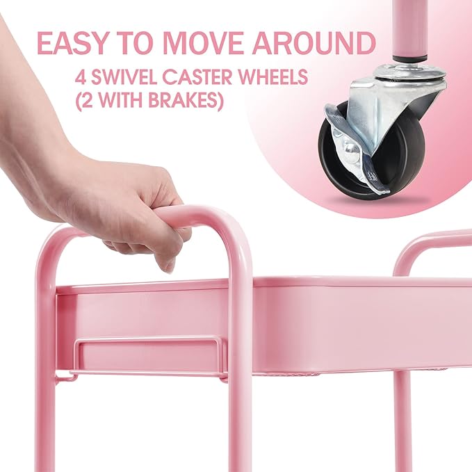TOOLF 3-Tier Metal Rolling Cart with Wheels, Storage Utility Organizer Cart for Kitchen, Bathroom, Office, Baby Essentials & Makeup - Lockable Casters, Easy Assembly, Large Capacity, Pink