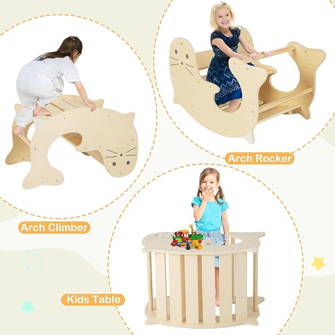 Costzon Climbing Toys for Toddlers, Foldable Montessori Wooden Arch Climber Ladder with Sliding Ramp, Play Table, Multi-Combination Methods, Kids Triangle Climber Play Gym Set for Boys Girls Present