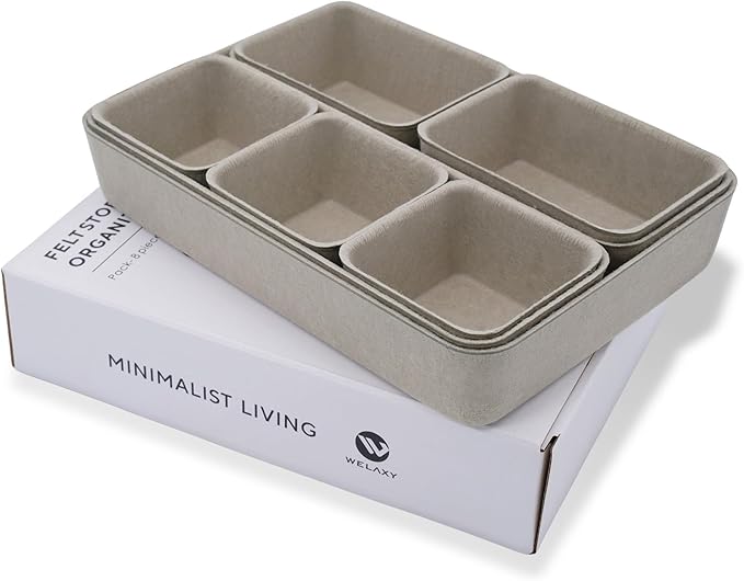 Welaxy Desk Drawer organizer trays Felt storage bin Sleek Minimalist Lifestyle chic aesthetics room décor for home office dorm closet decluttering 8-piece (Stone)