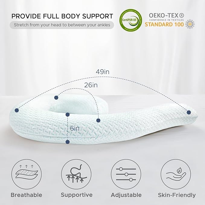 Cooling Body Pillow for Adults - Soft Long Bed Pillows Insert for Sleeping - Shredded Memory Foam & Removable Washable Cover - Swan Shaped Pregnancy Side Sleeper Pillow 49 Inch (Blue)