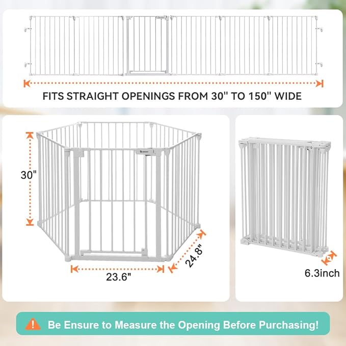 COMOMY 150" Extra Wide Baby Gate with Door, Dog Gates for The House Doorways Fireplace, Auto Close Baby Fence Play Area, Walk Through Pet Gate, Hardware Mounted Baby Gate, 6-Panels (30" Tall, White)