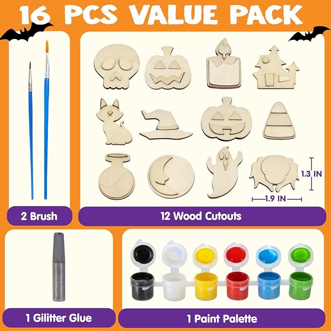 JOYIN 12 Pcs Halloween Craft Kid Wooden Magnet Creativity Arts & Crafts Painting Kit, DIY Halloween Painting Craft for Kids Halloween Party Supplies, Toddler Craft Party Favor Family School Activities