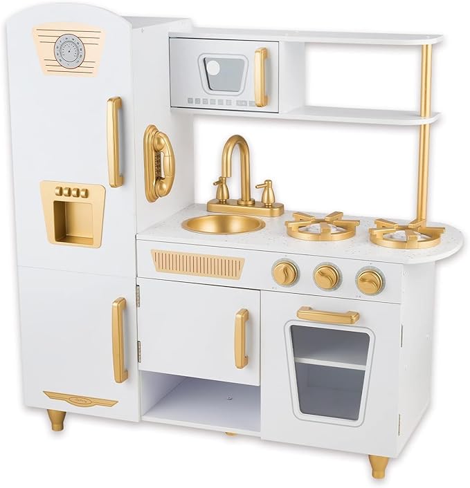 Kitchen Playset for Kids Ages 3-8, Wooden Pretend Play Kitchen for Toddlers, Including Telephone, Ice Maker, Refrigerator, Dimensions: 35” H x 31” W x 12” D (White)