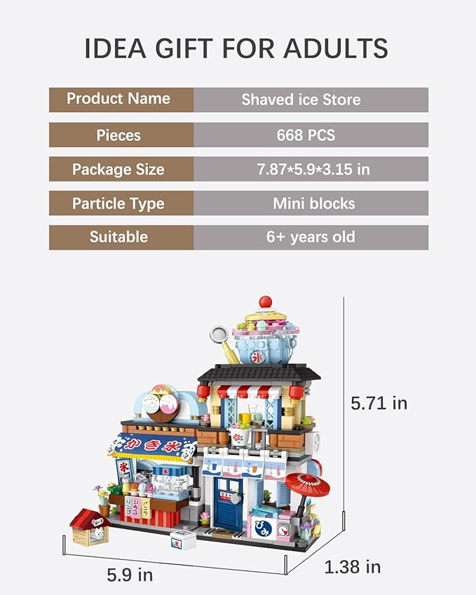 Japanese City Street View Shaved Ice Store Building Blocks Set, Ice Cream Shop MOC Creative House, Simulation Architecture Construction Toy, Gifts Idea for Kids Adults (Mini Blocks 668 pcs)