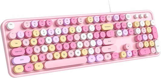 Wired Keyboard, 104 Keys Full-Sized Typewriter Keyboards, USB Plug and Play Office Keyboard with Number Pad, Caps Indicators, Foldable Stands for Windows, PC, Laptop (Pink Colorful)