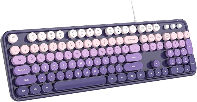 Wired Keyboard, Full-Sized Typewriter Keyboards, USB Plug and Play Office Keyboard with Number Pad, Caps Indicators, Foldable Stands for Windows, PC, Laptop, Desktop (Purple)