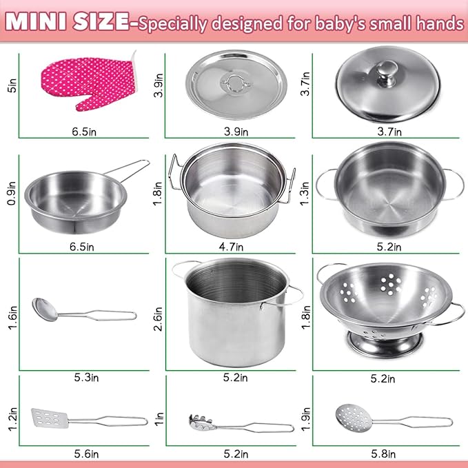 Cookware Pots and Pans Play Set with Cooking Mini Stainless-Steel Kitchen Cooking Utensils Toys,Pretend Toys for Kids, Educational＆Development Toy Kitchen Playset Accessories for Kids Ages 3+