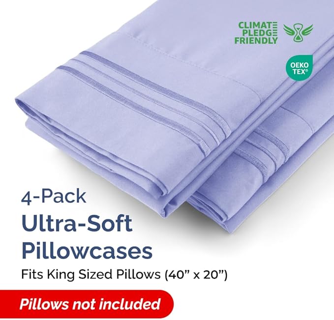 King Pillow Cases Set of 4 - Ultra Soft Hotel Quality Pillowcase Covers - Comfy, Cozy & Wrinkle Free - Shrinkage, Stain and Fade Resistant - Machine Washable Pillow Protectors - 4 Piece Set - Lavender