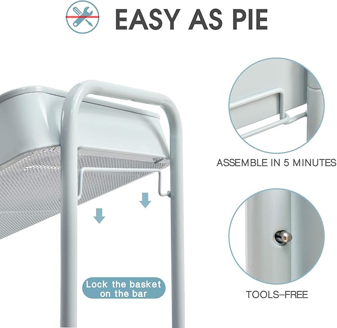TOOLF 3-Tier Metal Rolling Cart with Wheels, Storage Utility Organizer Cart for Kitchen, Bathroom, Office, Baby Essentials & Makeup - Lockable Casters, Easy Assembly, Large Capacity, Green