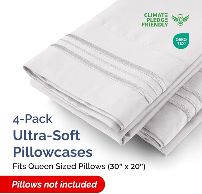 Queen Pillow Cases Set of 4 - Ultra Soft Hotel Quality Pillowcase Covers - Comfy, Cozy & Wrinkle Free - Shrinkage and Fade Resistant - Machine Washable Pillow Protectors - 4 Piece Set - French Grey