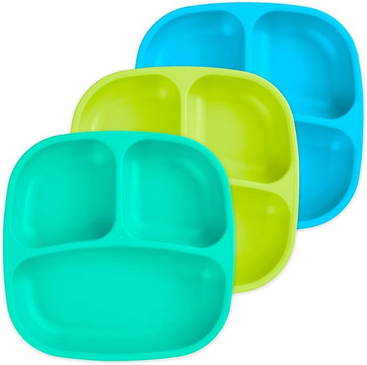 Re-Play Made in USA 7" Deep Walled Divided Plates for Kids, Set of 3 - Reusable 3 Compartment Plates, Dishwasher and Microwave Safe - 7.37" x 7.37" x 1.25", Under the Sea